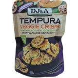 Packaging of DJ&A Tempura Veggie Crisps with images of vegetables on a white background