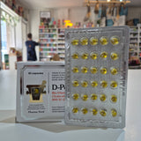 Box of D-Pearls Vitamin D supplement with sun design on a white background. Bio-Vitamins with capsules in a store setting