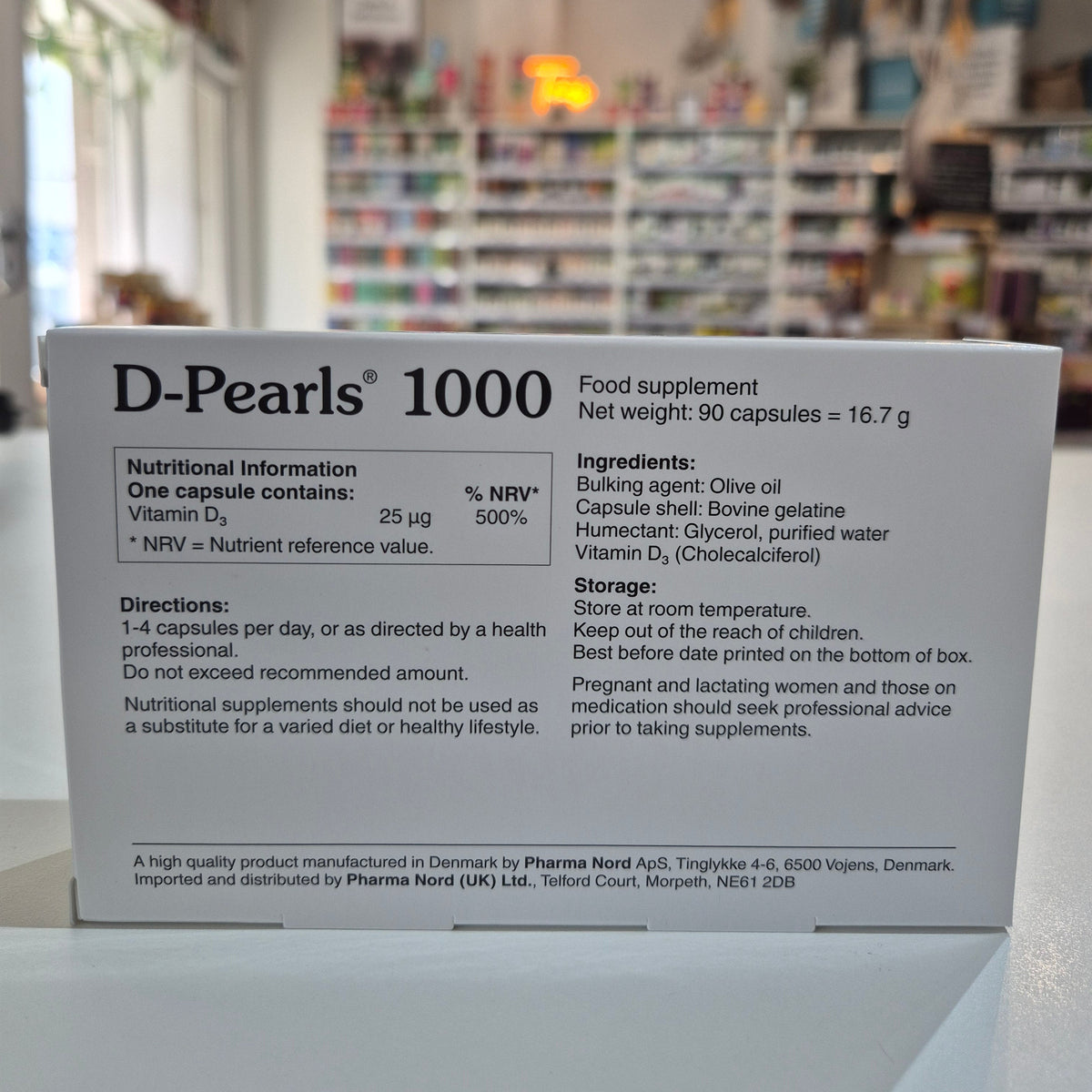 Box of D-Pearls 1000 food supplement with nutritional information and directions.