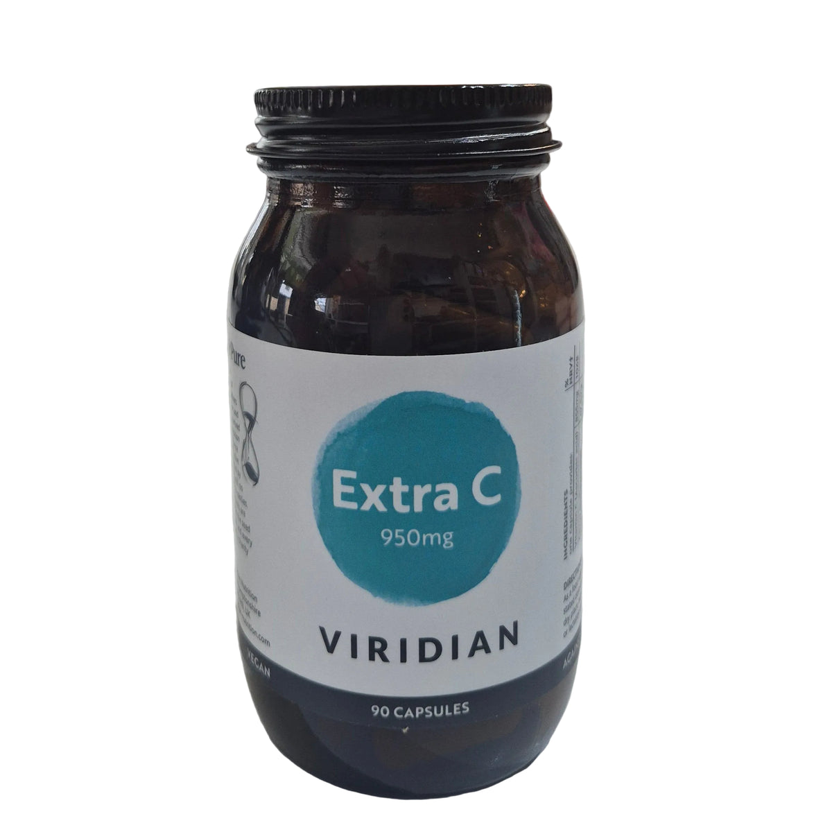 Jar of Viridian Extra C 950mg capsules on a white background