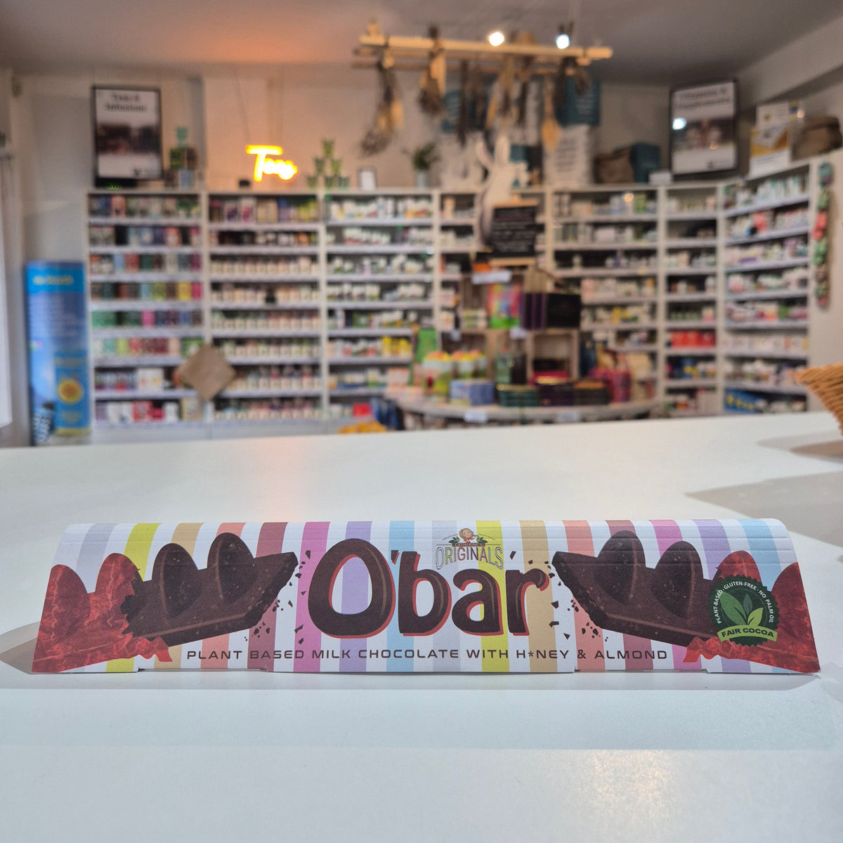 Chocolate bar with colorful packaging displayed in a store setting