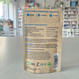 Back view of a plastic-free and compostable packaging for an eye defence food supplement with product details.