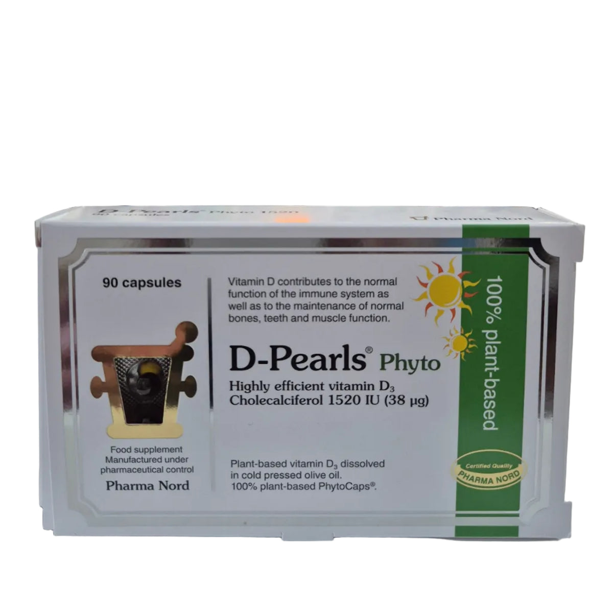 Box of D-Pearls Phyto vitamin D supplement on a white background