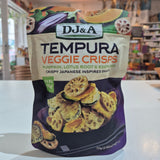 Packaging of DJ&A Tempura Veggie Crisps with a store interior in the background