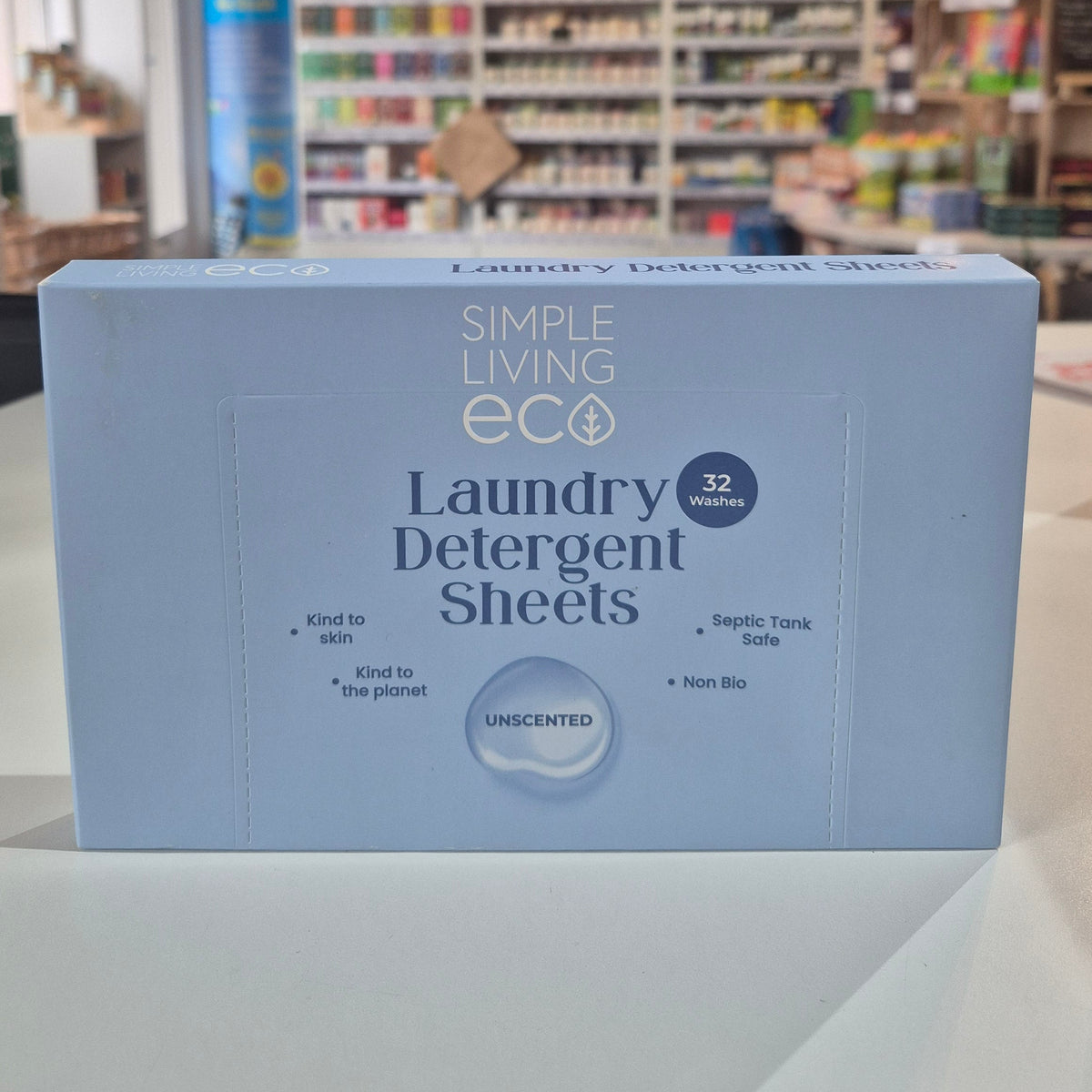 Box of Simple Eco laundry detergent sheets in a store setting