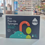 Box of seep eco pop-up sponges on a shelf with a blurred store background