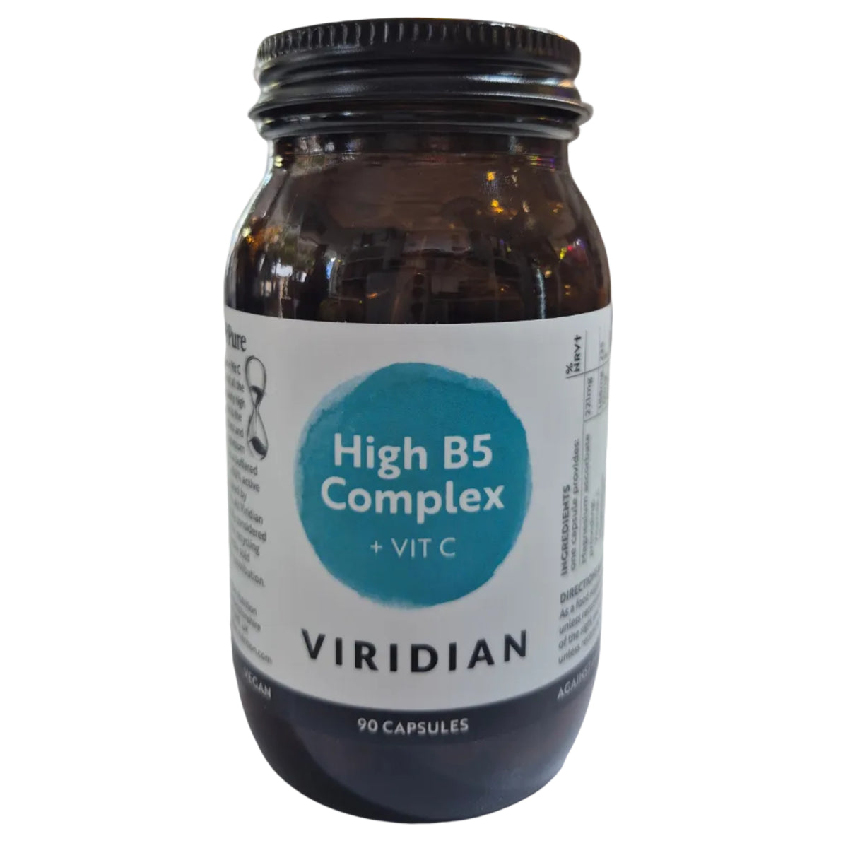 Vitamins bottle labeled 'High B5 Complex + Vit C' by Viridian on a white background