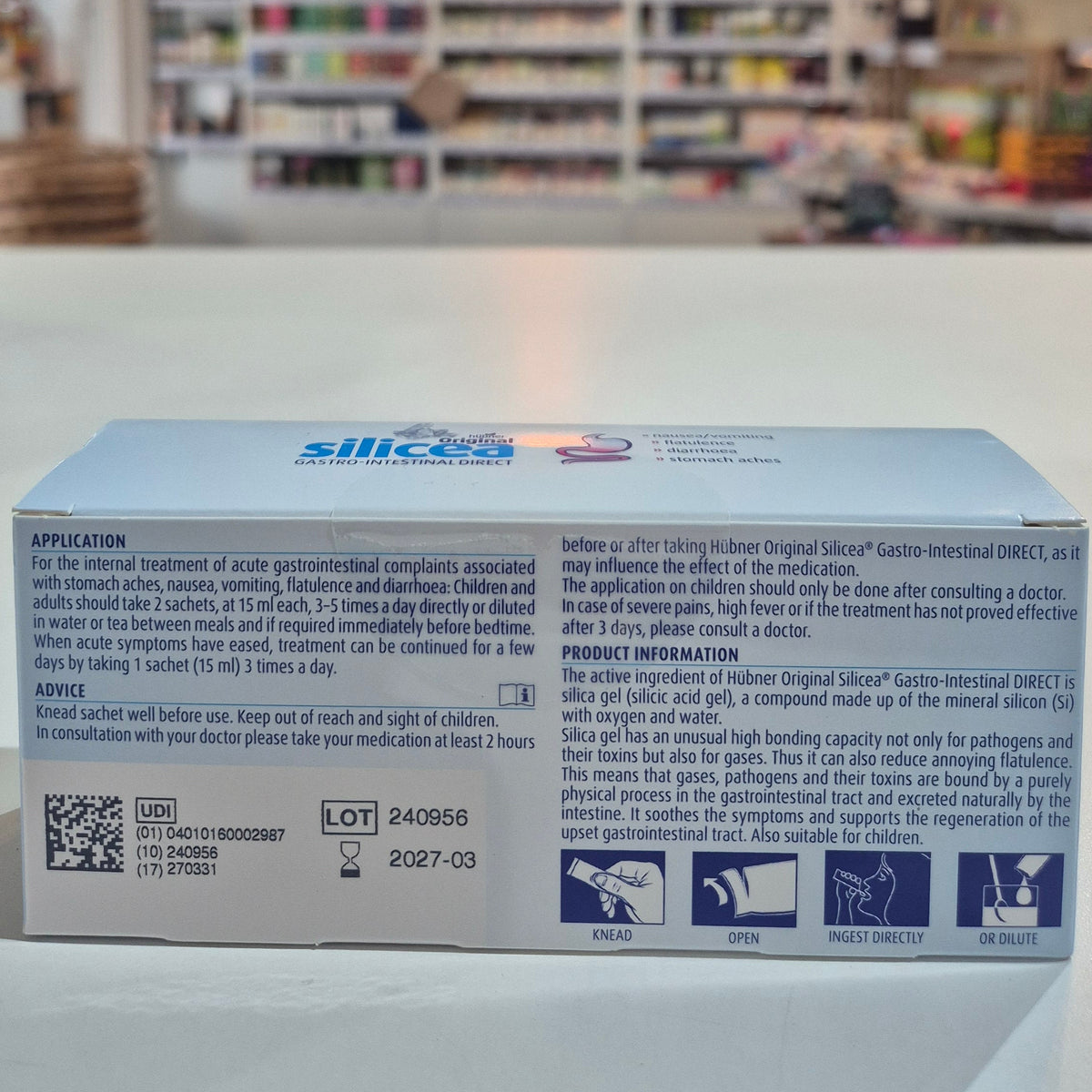 Silica gel packaging with application instructions on a blurred background