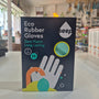 Box of eco rubber gloves with a visible brand logo on a blurred indoor background