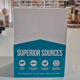 Superior Sources food supplement package on a table with a blurred store background