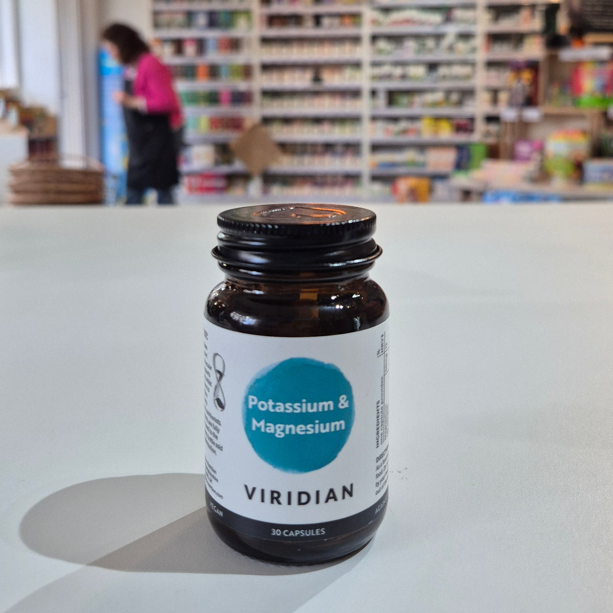 A bottle of Viridian Nutrition Potassium & Magnesium supplement with 30 capsules.