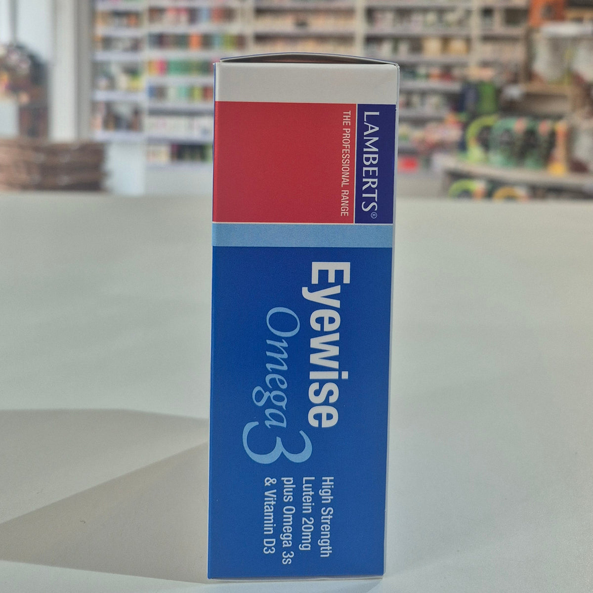 Lamberts Eyewise Omega3 supplement box in a store setting
