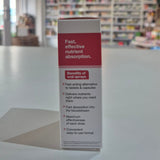 Product packaging with text on a blurred background of shelves