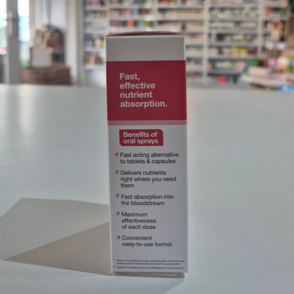 Product packaging with text on a blurred background of shelves
