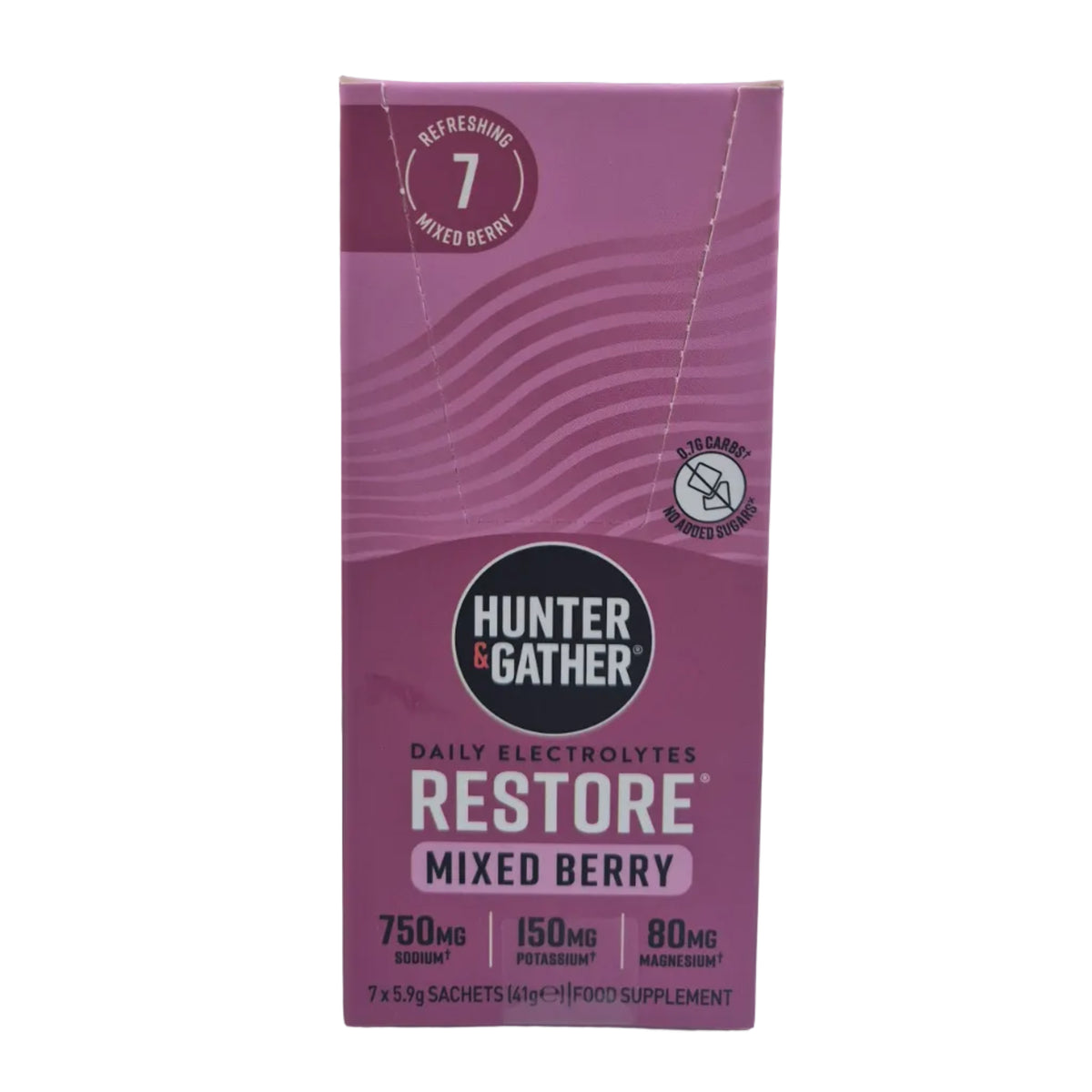 Purple box of Hunter & Gather Restore Mixed Berry electrolytes with a plain white background