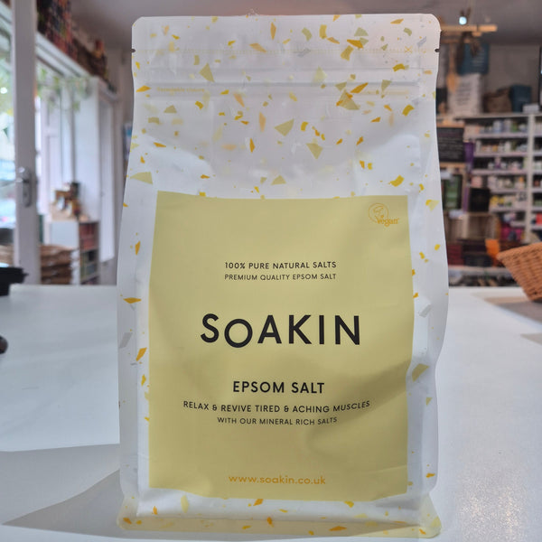 Bag of Soakin Epsom Salt on a counter in a store setting