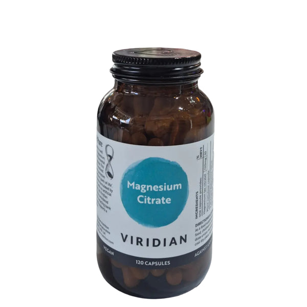 Bottle of Viridian Magnesium Citrate capsules on a white background