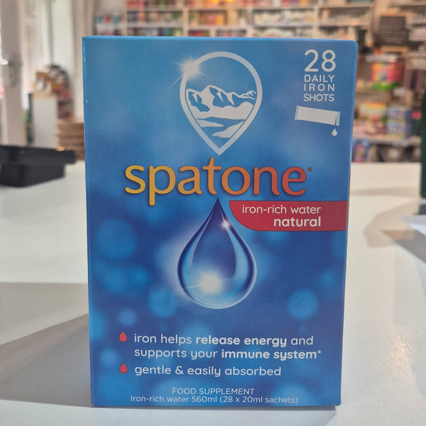 Spatone iron-rich water box in a store setting