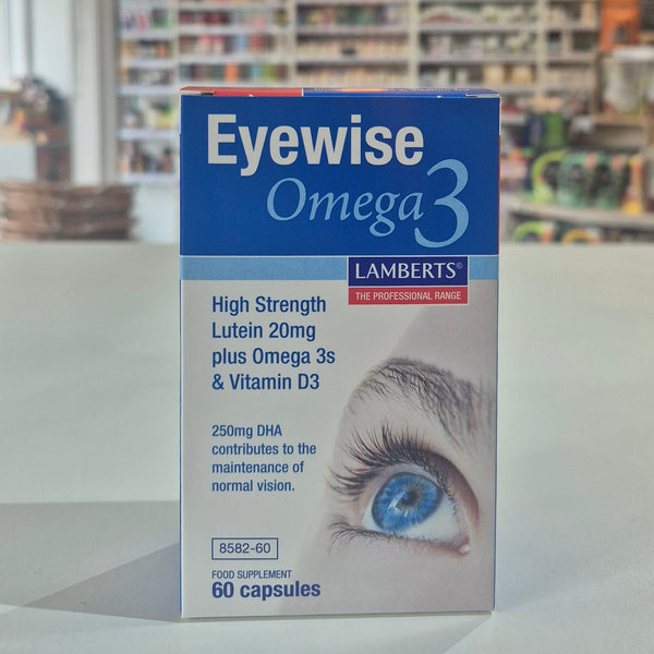 Eyewise Omega3 supplement box with a blurred store background