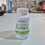 NaturesPlus GI Nutra supplement bottle on a white surface with a blurred store background