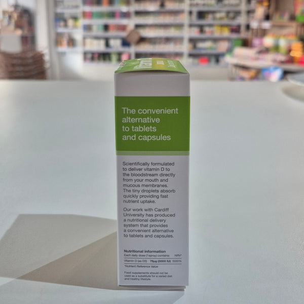 BetterYou Vitamin D3000 IU daily oral spray packaging on a white surface with a blurred background.