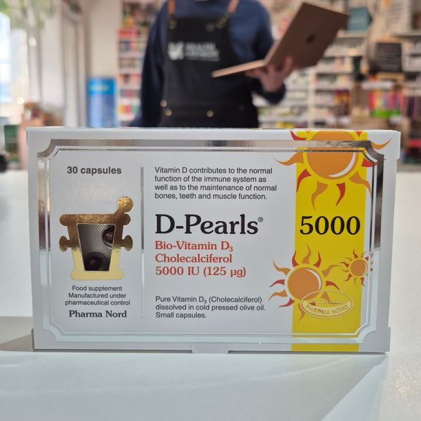 D-Pearls Vitamin D3 supplement packaging on a shelf in a store.