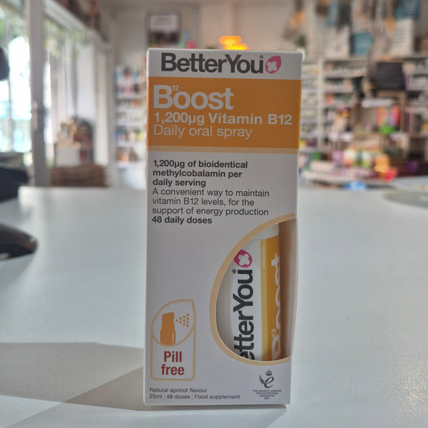 BetterYou Boost Vitamin B12 spray packaging on a blurred background