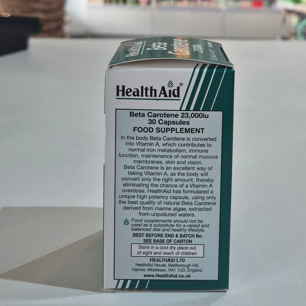 HealthAid Beta Carotene supplement packaging on a light surface