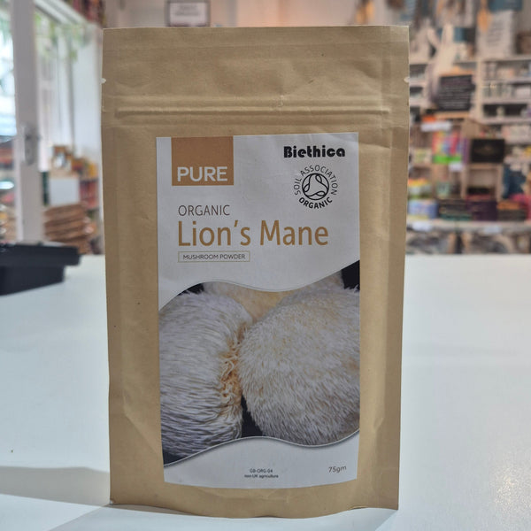 Package of Biethica Pure Organic Lion's Mane mushroom powder in a store setting