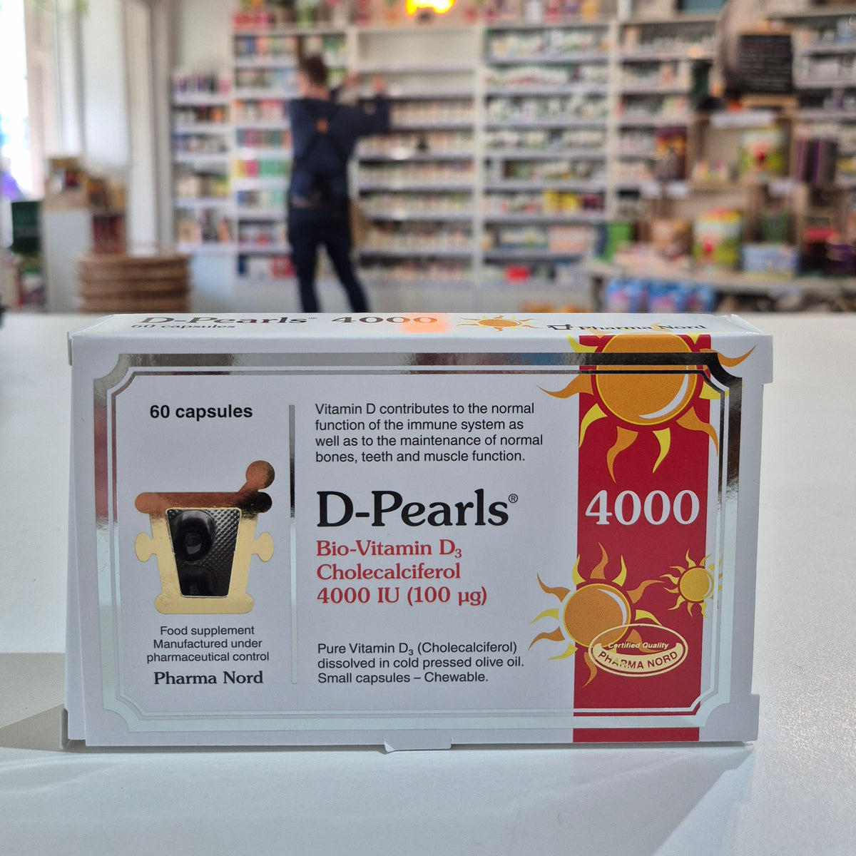 Box of D-Pearls Bio-Vitamin D3 Cholecalciferol 4000 IU in a store setting