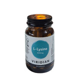 Brown supplement bottle labeled 'L-Lysine 500mg' by Viridian on a white background