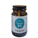 Vitamin B3 supplement bottle with 'Viridian' label on a blurred store background. Bottle of Viridian Vitamin B3 in a store setting