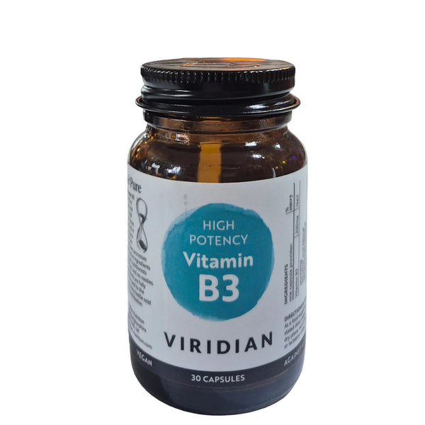 Vitamin B3 supplement bottle with 'Viridian' label on a blurred store background. Bottle of Viridian Vitamin B3 in a store setting
