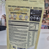 Collagen creamer vanilla package with nutritional information on a blurred indoor background