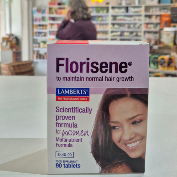 Florisene supplement box for women with a blurred store background