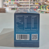 Back of a blue box with nutritional information and QR code on a blurred store shelf background