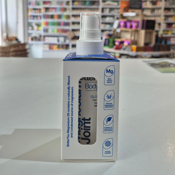 A bottle of Betteryou Magnesium Joint Body Spray with a label showing the brand name, product name, and additional information such as 'vegan', 'glucosamine', and '100ml'.